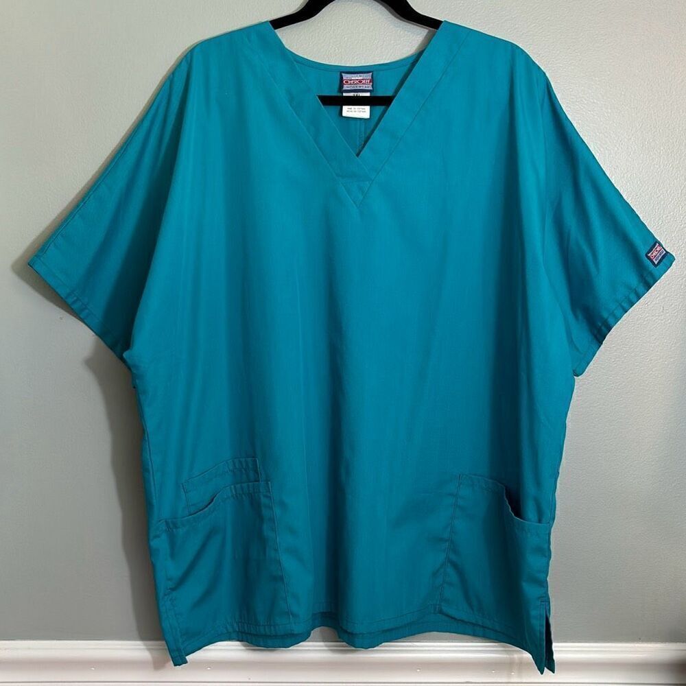 Cherokee Workwear aqua blue scrub top with pocket detail 2XL